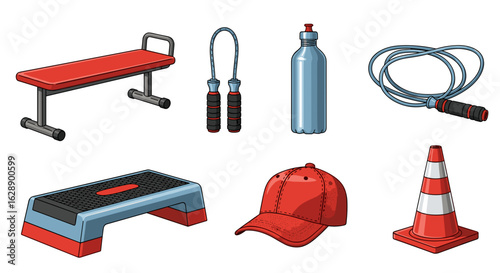 Gym essentials: Bench, jump ropes, water bottle, step platform and cone