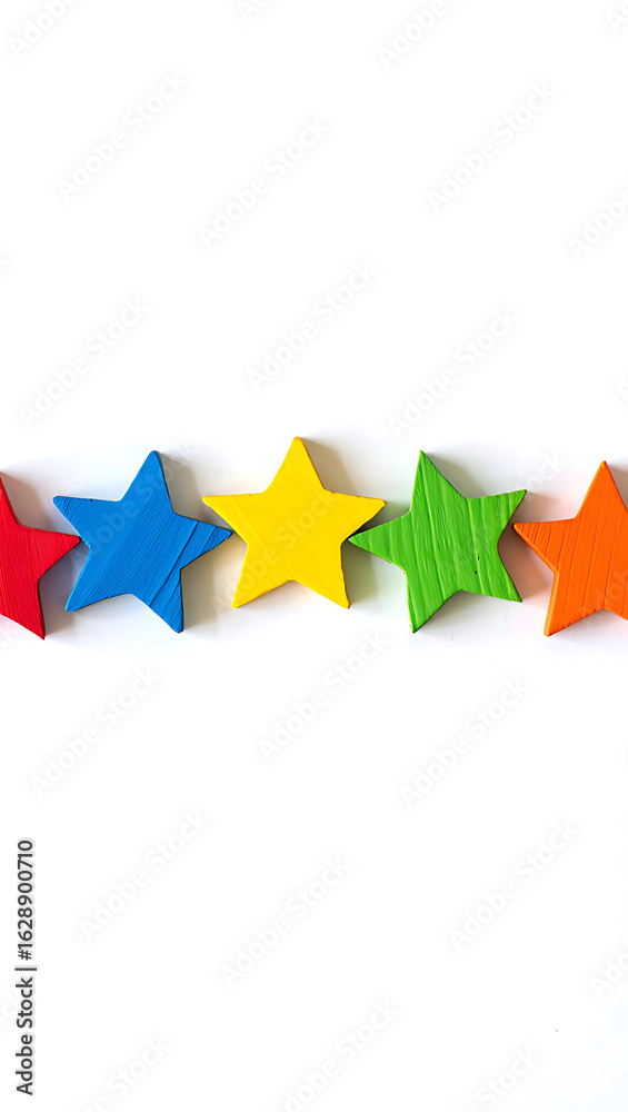 Fototapeta premium Colorful Wooden Stars on White Background Vibrant Education and Celebration Concept for Kids Projects