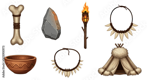 Stone Age Essentials: Simple Tools and Decorative Jewelry on White Background