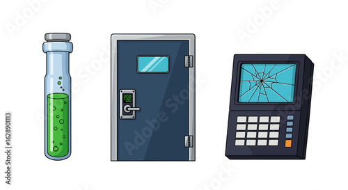 Pixelated Science Lab Icons: Green Liquid, Door, Broken Computer