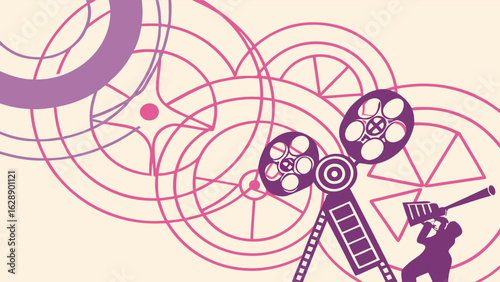 Abstract Film Projector and Reels Design with Silhouette.