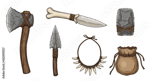 Primitive stone age tool set featuring axe, knife, spear, necklace, and bag.