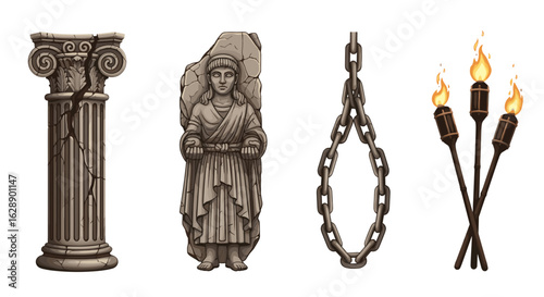 Ancient ruins: Column, statue, chains, and torches for historical design