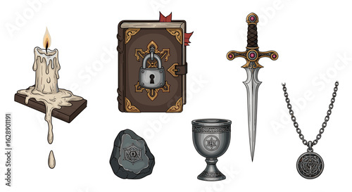 Mystical relics: enchanting book, dagger, candle, chalice, amulet, and stone