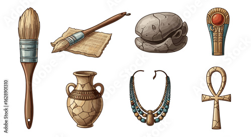 Ancient Egyptian Artifacts Collection: Brush, Papyrus, Scarab, Amulet, Vase, Necklace, and Ankh