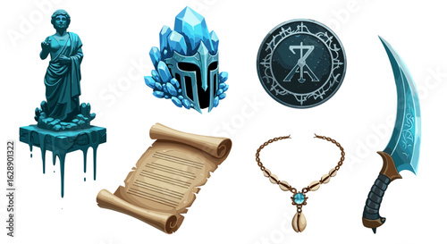 Fantasy game assets: Statue, helmet, parchment, amulet, dagger, talisman