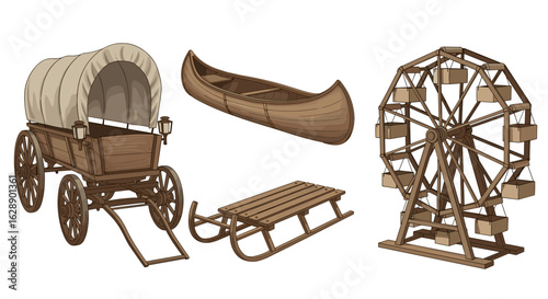 Vintage Recreational Equipment Illustration Set: Covered Wagon, Canoe, Sled, Ferris Wheel