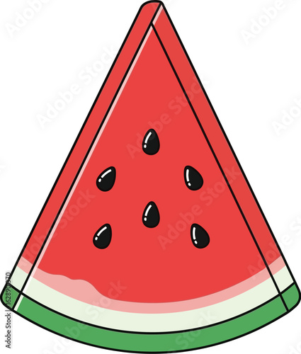 A juicy, red watermelon slice with black seeds, isolated on white.