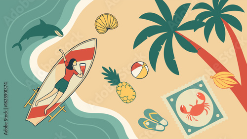 Beach Vacation Fun with Surfer Girl and Tropical Elements.
