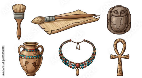 Ancient Egyptian archaeological finds arranged on white background create an elegant still life.