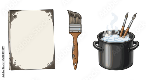 Artist's tools illustration: Burnt paper, brush, and steaming pot of brushes