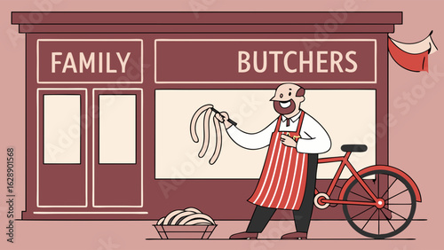Butcher with Sausages in Front of a Family Butcher Shop.