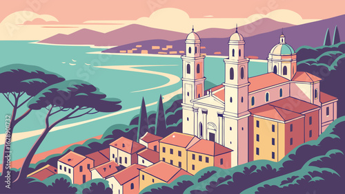 Coastal Town with Church and Mediterranean Views.