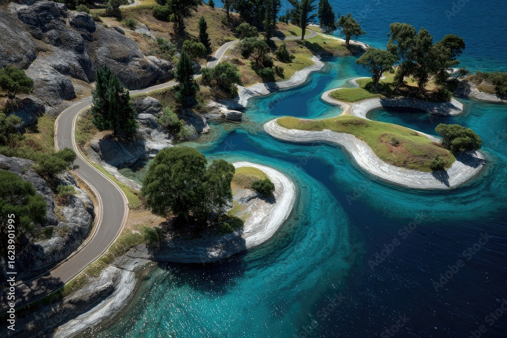Winding road hugs a lake with turquoise inlets, surrounded by rocky shores and trees Winding road hugs a lake with turquoise inlets, surrounded by rocky shores and trees
