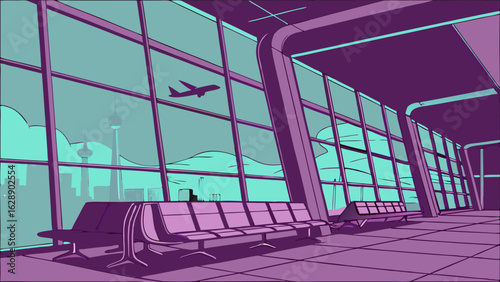 Empty Airport Lounge with City Views.