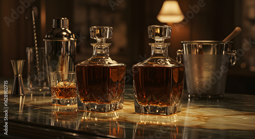 Luxury whiskey decanter set on bar top with glass and ice bucket elegant drinkware still life scene 100 char