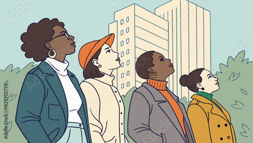 Four Women Looking Up at a City Building.