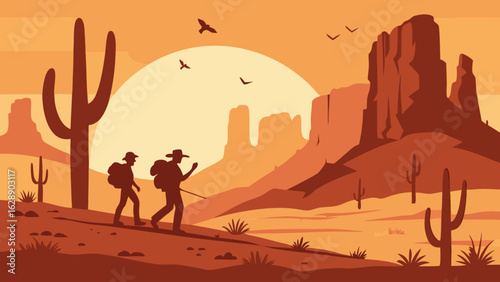 Hikers in a Desert Landscape at Sunrise.