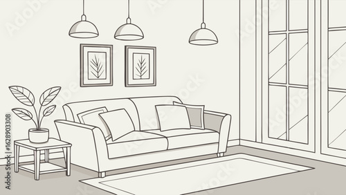 Line Drawing of a Cozy Living Room Interior 1.