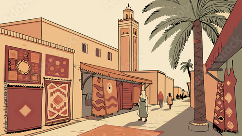 Moroccan Souk Street Scene with Carpets and Mosque.