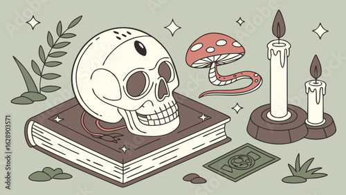 Mystical Skull Book and Candles Still Life.