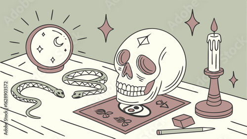 Mystical Skull Still Life with Crystal Ball and Candles.