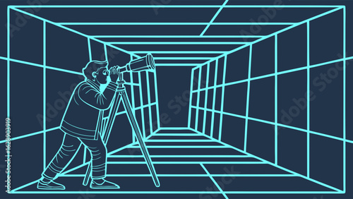 Person with Telescope in a Gridded Space.