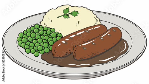 Plate of Sausages Mashed Potatoes and Peas 1.