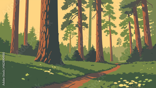 Scenic Forest Path at Dawn with Tall Trees.