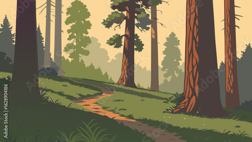 Scenic Forest Path with Majestic Redwood Trees.