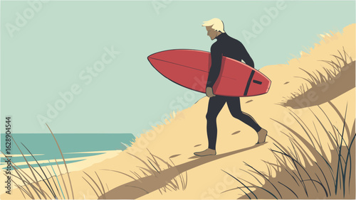 Surfer carrying surfboard on sandy beach.