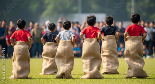 Children Participating in a Fun Sack Race During a Community Sports Day at an Outdoor Playground
