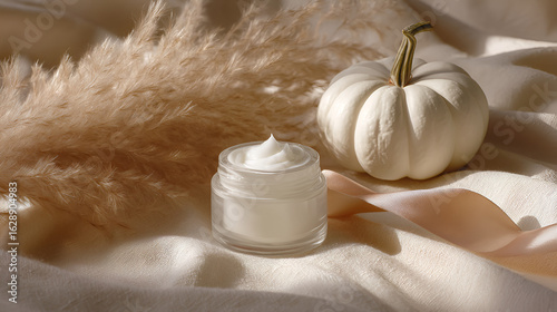 Autumn skincare: moisturizing cream with soft pumpkin and natural accents for seasonal beauty routine.