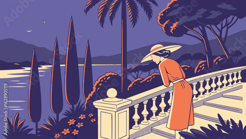 Woman on a Balcony Overlooking a Scenic Landscape at Dusk.