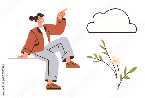 Woman with a casual outfit pointing upward, sitting relaxed next to a plant and cloud. Ideal for nature, optimism, imagination, growth, mindfulness, creativity outdoor-themed designs. Simple flat