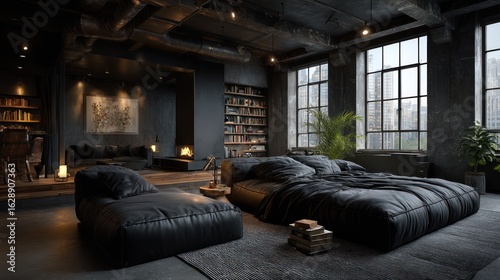 Sophisticated Dark Palette Living Space with Open Layout and Urban View