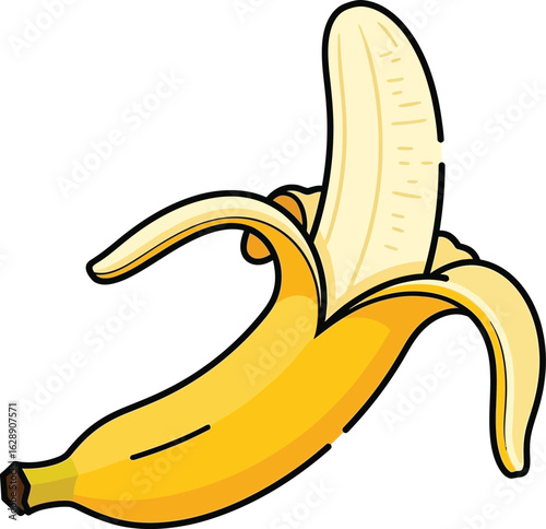Partially peeled ripe yellow banana, cartoon style illustration.