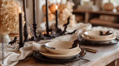 Spooky and stylish Halloween tablescape with black candles and bat decorations for a festive autumn gathering.