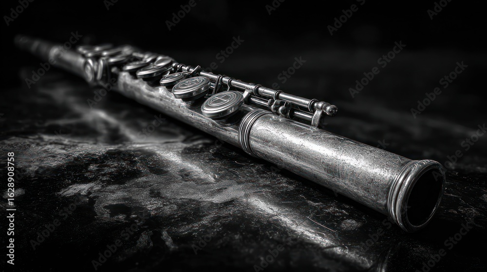 Naklejka premium Black and white close-up of a flute on a dark, slightly marbled surface