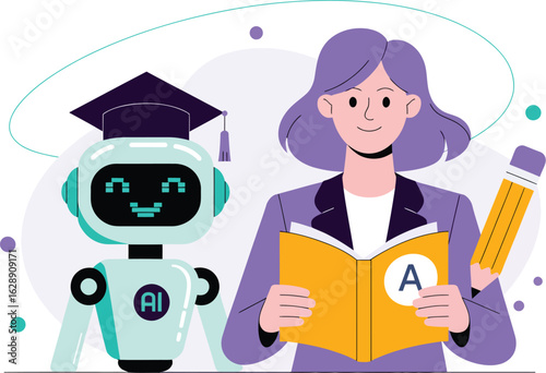 A flat design illustration depicts an AI robot in a graduation cap learning from a female teacher with a book and pencil.