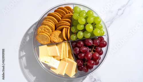 Overhead view of a glass bowl with assorted cheese, crackers, red and green grapes on a marble surface