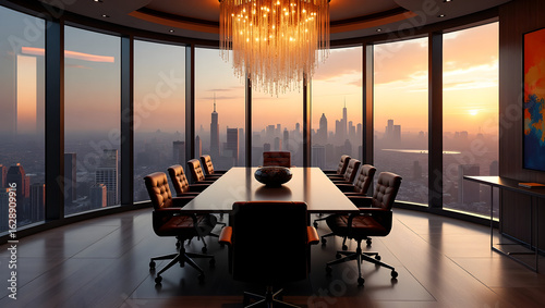 A luxurious modern executive conference room in a sky-high penthouse office