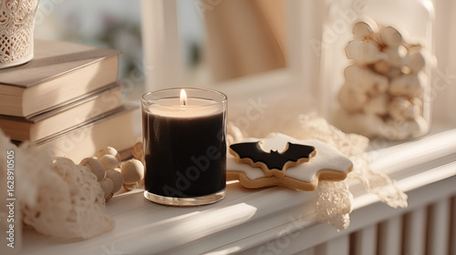 Wallpaper Mural Cozy Halloween Scene: Candle, Cookies, and Books in Soft Light. Festive Autumn Still Life. Torontodigital.ca