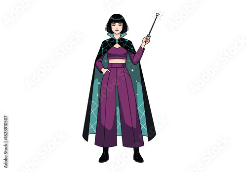Female Fantasy Witch in Ethereal Cloak Holding a Wand