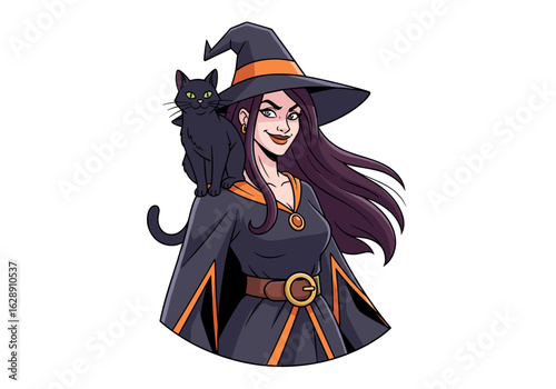 Witch in Dark Cloak with Black Cat on Shoulder and Mystical Expression