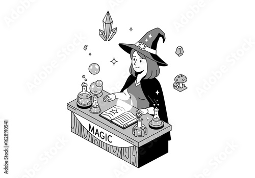 Witch Preparing Potions and Spells at a Table with Magical Ingredients in a Whimsical Setting
