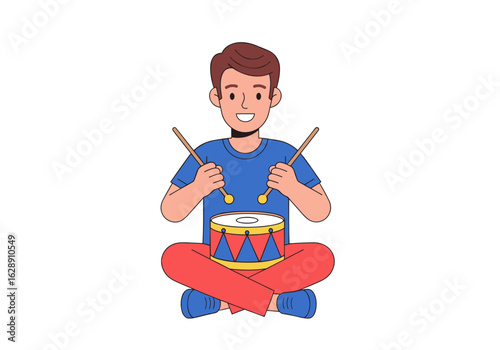 Happy Boy Playing Colorful Drum with Sticks in a Cheerful Setting