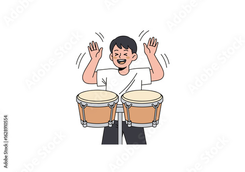 Young Boy Joyfully Playing Bongo Drums with Excitement and Energy