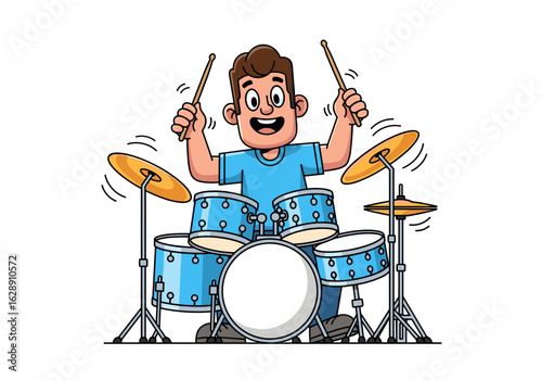Energetic Young Drummer Playing the Drum Set with Joyful Expression