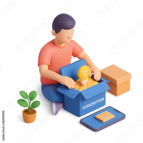 Isometric 3D illustration of a person unpacking a subscription box, with plant and parcels, on transparent background. Great for e-commerce and delivery.